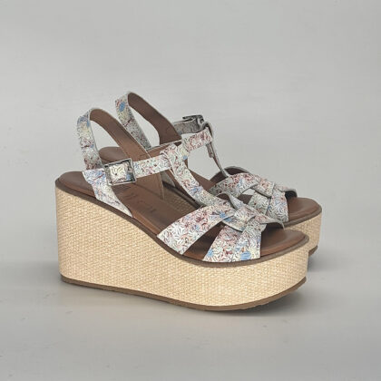 Sandalias talla 33, 34 con cuña alta Positano Petite: azul y cuero